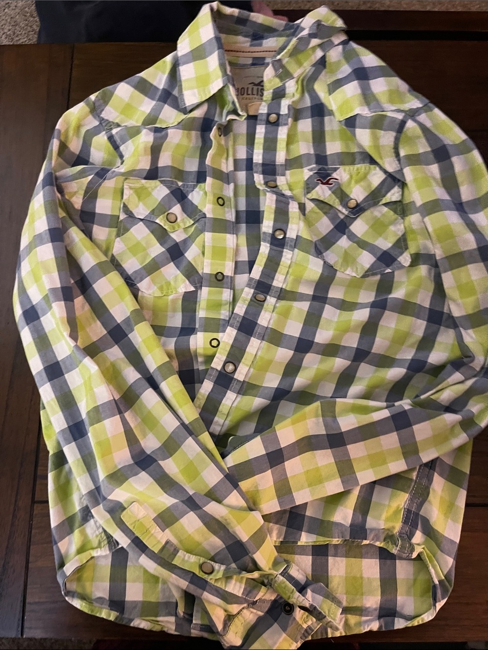 Hollister Lime Green and Navy Blue Plaid Button-Down Shirt
